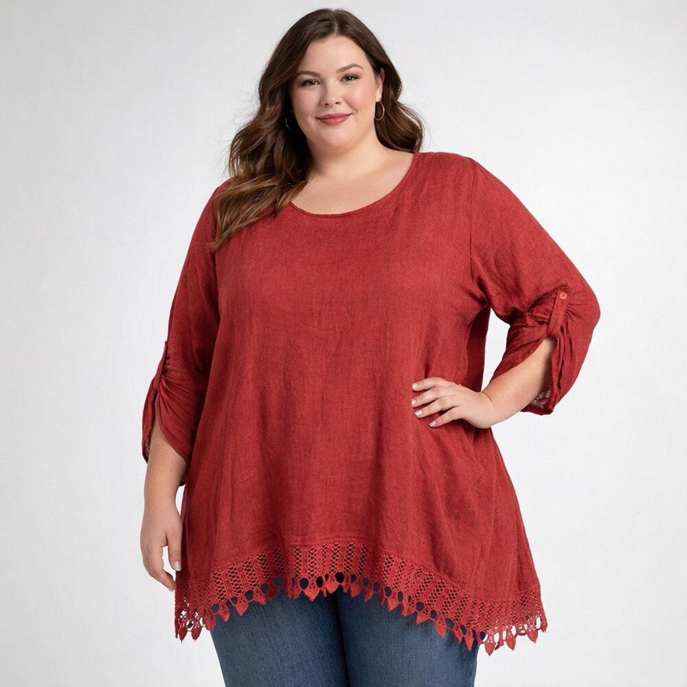 Lungo L'Arno Red 100% Linen Tunic Top Crochet Lagenlook Coastal Womens Plus 2x